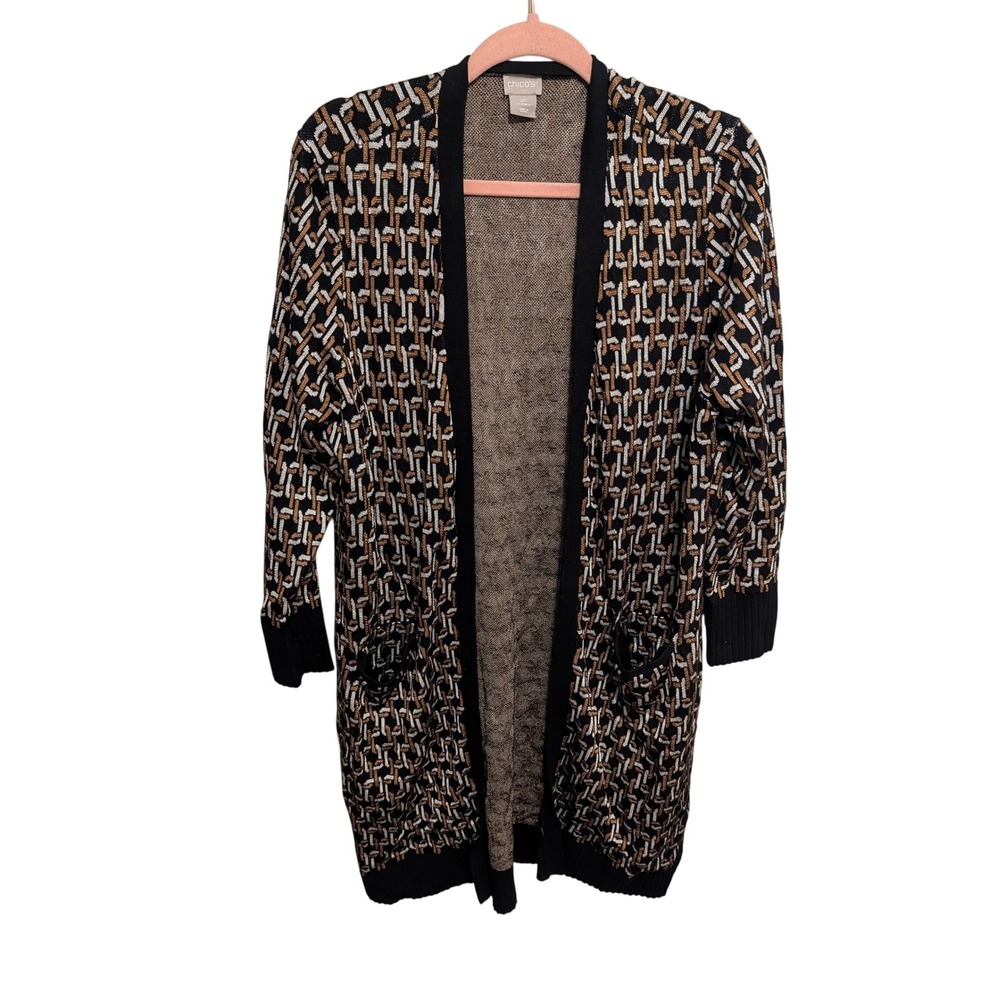 Chicos Petite 2P Open Front Cardigan Sweater Black Bronze Geometric Knit Duster